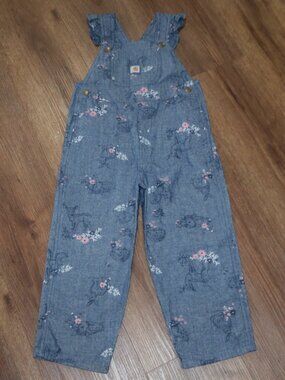 Girls Carhartt Blue Denim Floral Animals Deer Rabbits Ruffled Overalls size 4T